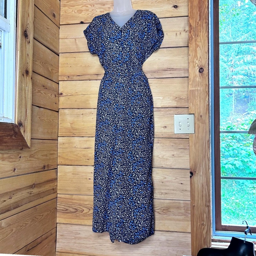 Floral Wide Leg Jumpsuit Womens Size 36 Blue V-Neck Tie Waist Pockets Kaffe